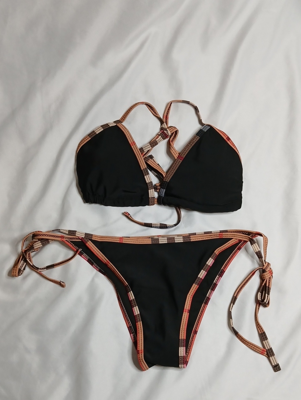 Burberry Black Bikini with Tan and Red Check Trim